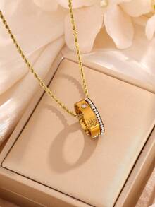 1 pieza Anillo con corazón de acero inoxidable chapado en oro de 18K con diamantes de imitación, con collar de cadena de cuerda de oro de 14K, adecuado para uso diario de mujeres, regalo de vacaciones, collar colgante de moda - collar - Ver 10