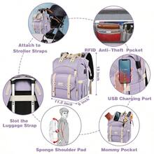 Diaper Bag Backpack, Pink Diaper Bag Mom, Travel Bags Backpack Women, Insulated Pockets Portable Diaper Bag With Charging Port, RFID Anti - Theft Pocket - Purple + 15.6inch - View 5