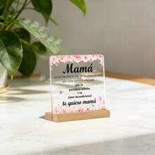 1pc Flat Acrylic Piece With Wooden Base, Spanish Text And Floral Design, Desktop Decor, Birthday, Anniversary, Mother's Day Gift - 1PC - View 8