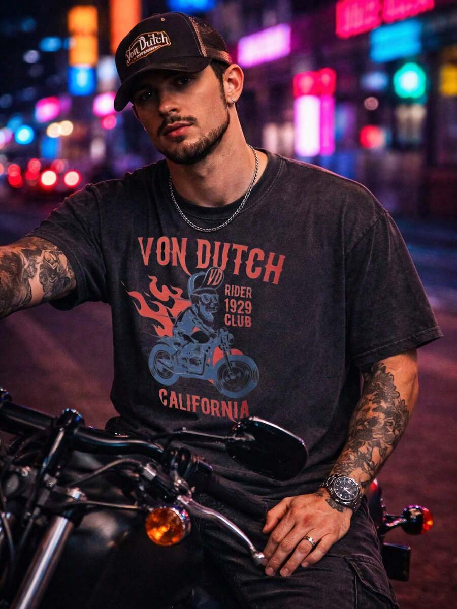 Men Black Washed Streetwear Brand Street Style 100 Percent Cotton T Shirt Vons Dutchs Rider 1929 Club California Graphic Print Casual Wear For Daily Outings And Urban Adventures Retro Heavyweight Tee Perfect Gift Loose Comfortable Breathable Machine Washable Fabric Hip Hop Cool Look Drippy Clothes Y2K Fashion - 黑色 - 查看 1