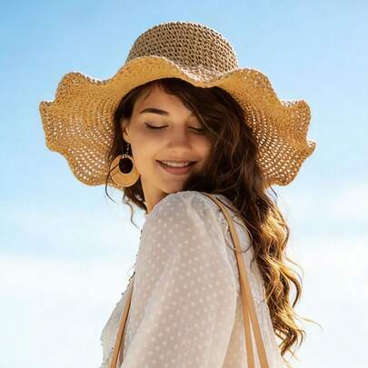 1pc Outdoor Beach Sun Hat, Women Fashion Straw Hat, Braided Bucket Hat For Summer Beach Holiday Sun Protection, Foldable Large Brim Sun Hat, Gift & Daily Use