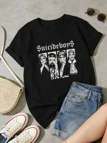Camiseta de manga corta con cuello redondo suave y casual para mujer, estilo retro hip hop con estampado del personaje . - Negro - Ver 2