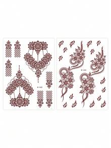 Set de 2 hojas de tatuajes temporales de henna, diseños de arabescos florales y mandalas de loto de estilo boho para verano, perfectos para manos, muñecas, tobillos y brazos, resistentes al agua y al sudor, de larga duración, fácil de aplicar y retirar, tatuajes falsos, para vacaciones - Burdeos - Ver 8