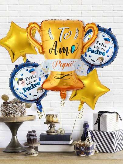 5pcs/Set Father's Day Decoration Balloon Set, Includes "Te Amo Papa" Trophy Balloon, Happy Father's Day Blue Round Balloon, Gold Star Balloons, For Father's Day Party Decor, Gift For Dad, Best Dad Balloons, Dad Birthday Decoration