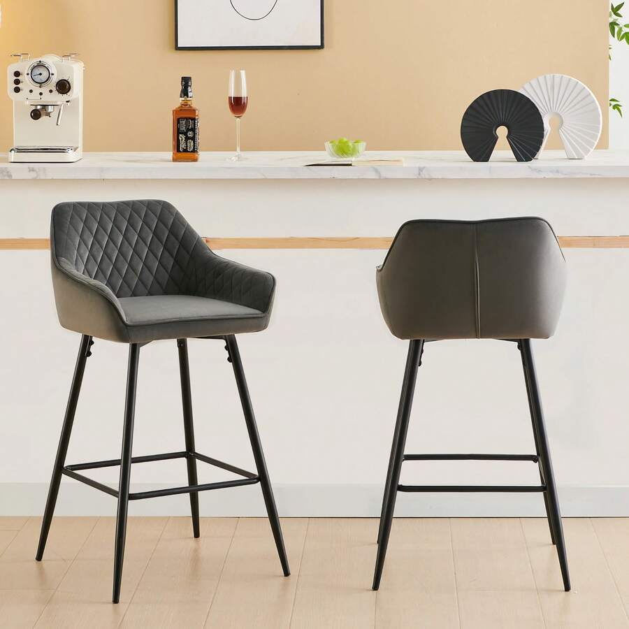 ZOONFA Grey Velvet Breakfast Stools Upholstered Kitchen Bar Chairs With Armrest & Backrest Barstools For Kitchen Counter