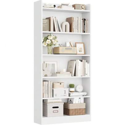 6-Tier Open Bookcase And Bookshelf, Modern Simple Floor Standing Display Storage Shelves With Top Open Compartment For Home Office, Study, Living Room - White