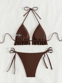 Swim Mod Women's Swimsuit, Two-Piece Bikini Set With Halter Neck, Ruffles And Bow In Solid Color For Summer - 棕色 - View 7