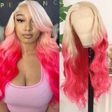 13X4 Ombre Pink Lace Front Wigs Transparent HD Lace Ombre Pink To White Body Wave Synthetic Hair, Pre-Plucked Glueless 28 Inch Long Wave Wig With 180% Density Ombre Red Wigs For Women & Men, All Ethnicities, Party & Daily Wear, Preplucked Hairline - Màu hồng ombre - Xem 2