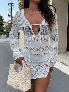 夏季度假镂空低胸长袖白色连衣裙 - 白色 - 查看 2