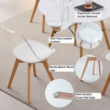 Modern Minimalist Clear Acrylic Dining Chairs, Padded Cushion With Wooden Legs, 2-Piece Set For Small Apartment, Dining Room & Kitchen - 白色-2pcs - 查看 2