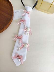 Shiny Polyester Lace Vintage French Elegant Pearl Lace Tie, Ladies Ties, Unique Design Pearl Decor, Suitable For Suits, Parties And Festivals,Travel - Pink Bow - View 10