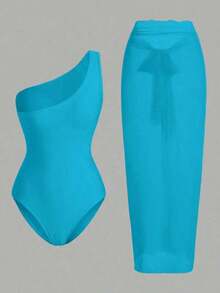 Swim Oasis One-Piece Swimsuit With Solid Color Ruched Mesh Panel And Sarong Skirt - Blue 2 - View 2
