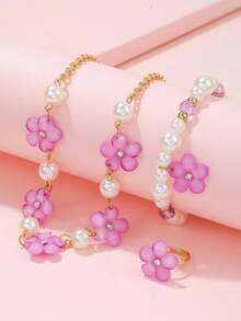 3件套女孩花朵吊坠项链手链戒指首饰套装，生日礼物及日常佩戴 - 彩色 - 查看 3