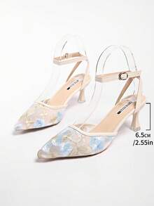 Elegantes tacones altos de punta con bordado floral de malla, atuendos de verano - Azul - Ver 8
