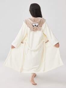 1pc Children's 5-12 Years Soft Coral Fleece Patchwork Bathrobe - White and Brown Color Scheme - View 1