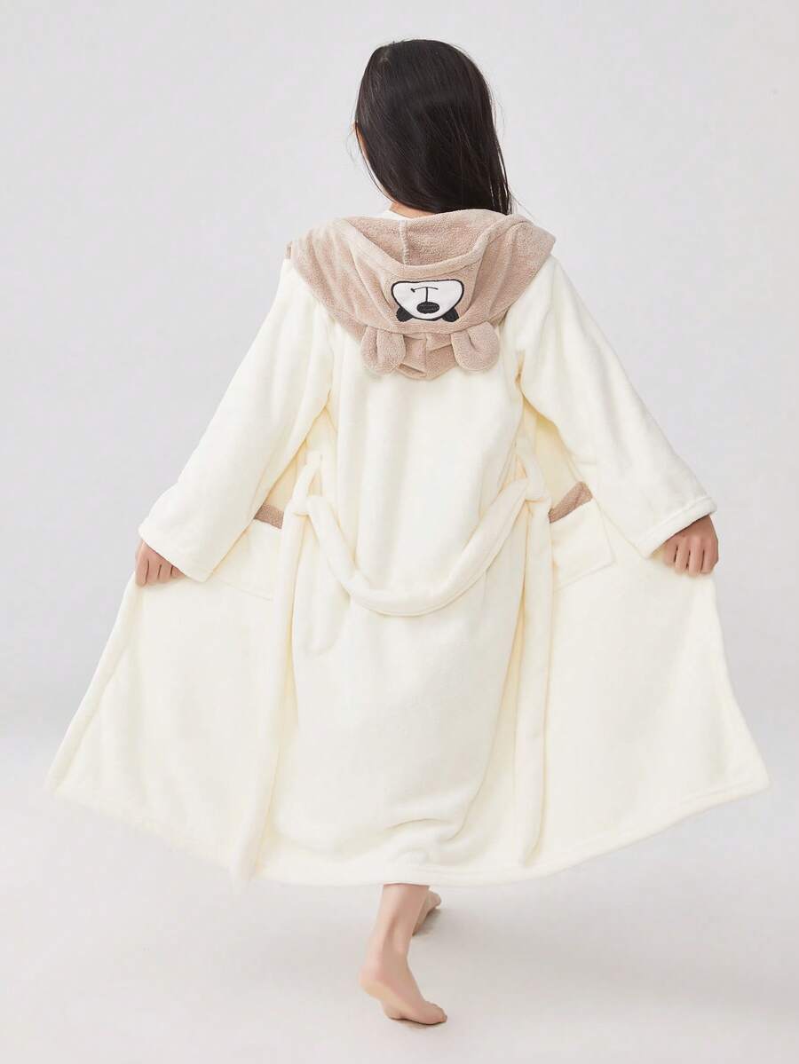 1pc Children's 5-12 Years Soft Coral Fleece Patchwork Bathrobe - White and Brown Color Scheme - View 1