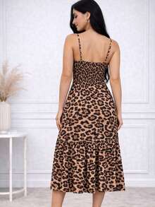 Women's Long Dress With Button Front, Ruffled Straps, Sleeveless Tank Top Dress With Buttons, Ruffled Style, Elegant Party Dress - Leopard Print - View 2