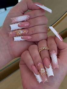 24 pièces Stickers d'ongles acryliques rectangulaires, Manucure poudre blanche tie-dye 3D stéréoscopique gel faux perle dorée, Convient aux femmes et aux filles, Faux ongles français mignons pour le salon des ongles, Comprend 1 pièce de gel de gelée, 1 pièce de lime à ongles - Multicolore - Voir 1