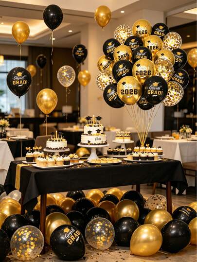 45pcs Black And Gold Graduation Balloons, Congrats GRAD Cap Printed Balloon, 12 Inch Metallic Gold Confetti Latex Party Balloons Helium For Class Of 2026 Graduation Ceremony Party Decorations