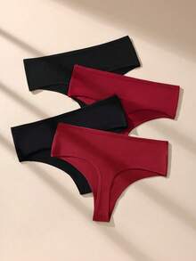4 piezas de tangas de algodón de cintura alta con relieve de unicolor para mujer, ropa interior casual cómoda y minimalista para mujer, lencería elástica suave y transpirable para mujer - Multicolor - Ver 5