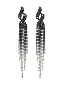 1 par de pendientes largos con flecos y pedrería, uso versátil diario para mujeres - Degradado en blanco y negro - Ver 2