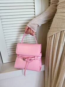 Túi xách vuông nữ, túi đeo chéo có nắp gập, túi da PU thời trang tối giản thanh lịch kiểu sinh viên, phù hợp cho nữ sinh viên, màu hồng. - Hồng - Xem 3