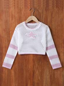 Girls' Hollow Out Casual Breathable Long Sleeve Sweater, Comfortable & Versatile, Fashionable Hollow Design, Casual Outings, Beach Vacation, Party, Soft Material, Contrast Color Knit Sweater For Spring & Summer, Suitable For Daily Wear, Back To School Season, Cropped Pullover For Teens - White - View 4