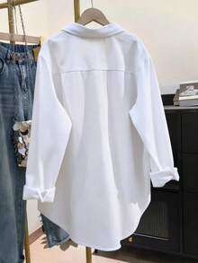 Plus Size Women's Solid Color Pocket Front Button Down Casual Shirt Spring White - White - View 2