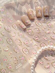 1pc 5D Embossed Stamping Flower Nail Art Stickers French Retro Gold Foil Frame Floral Manicure Decorations Decals - Multicolor - View 3
