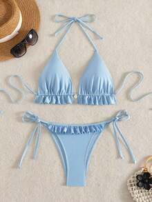 Swim Mod Women's Swimsuit, Two-Piece Bikini Set With Halter Neck, Ruffles And Bow In Solid Color For Summer - 藍色的 - 查看 2