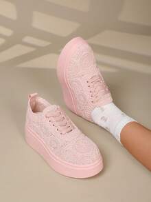 Fashion Hollow Lace-Up Platform Height-Increasing Sneakers, Street Casual Style Platform Sneakers - Pink - View 4