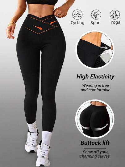 Women's High Waist Slimming Sports Yoga Outdoor Running Pants, Crossover Tight Leggings, High Waist Abdomen Control Non-See-Through Black