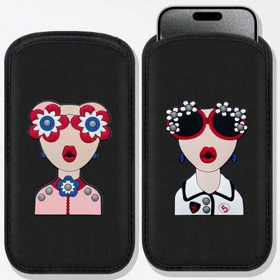 新作「Queen」柄ダイレクトインサート式スマートフォン保護ポーチ - ブラック アウトドア用スマホ収納バッグ。ネオプレン（ダイビング素材）製、耐衝撃・防塵機能付き、温かみのある伸縮性のある裏地。ユニセックスのポータブルデザイン、旅行、キャンプ、ビーチトリッ...