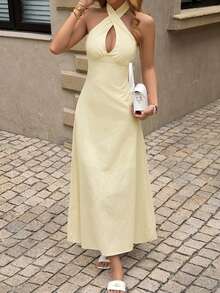 Đầm nữ kiểu Pháp mùa xuân/hè màu vàng nhạt gợi cảm, dây mảnh, cổ chữ V sâu, thắt eo, thích hợp cho kỳ nghỉ hoặc dự tiệc cưới. - Màu vàng - Xem 6
