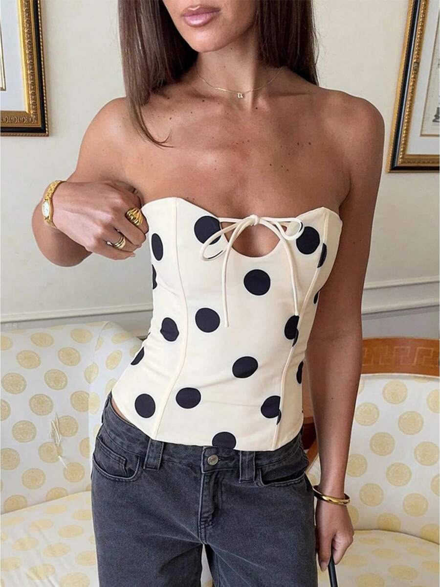 Women's Vintage Polka Dot Strapless Corset Top Tie Front Keyhole Fitted Bandeau Bustier For Going Out - 飯白色 - 查看 1