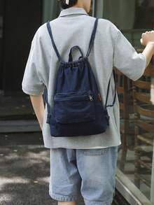 1 chiếc balo denim màu xanh đậm, dây rút, dung tích lớn, nhiều ngăn, khóa kéo, kiểu dáng thường ngày dành cho nam giới và đi làm. - Nhiều màu - Xem 6