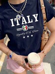 Italy Rome City Graphic Tee, Classic Campus Style Print T-Shirt, Italian Flag Casual Short Sleeve, Travel Casual Top - Navy Blue - View 3