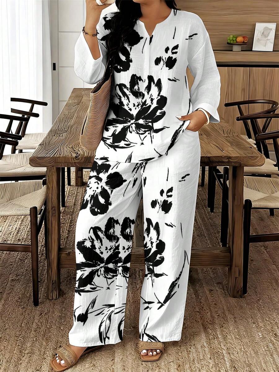 Floral Print Women's Plus Size Pointed Collar Sleeveless Pantsuit 2026 Summer New Style Summer Fashion 2pcs Suitable For Casual Outings And Gift For Loved Ones_pt102_01 - 混合色 - 查看 1