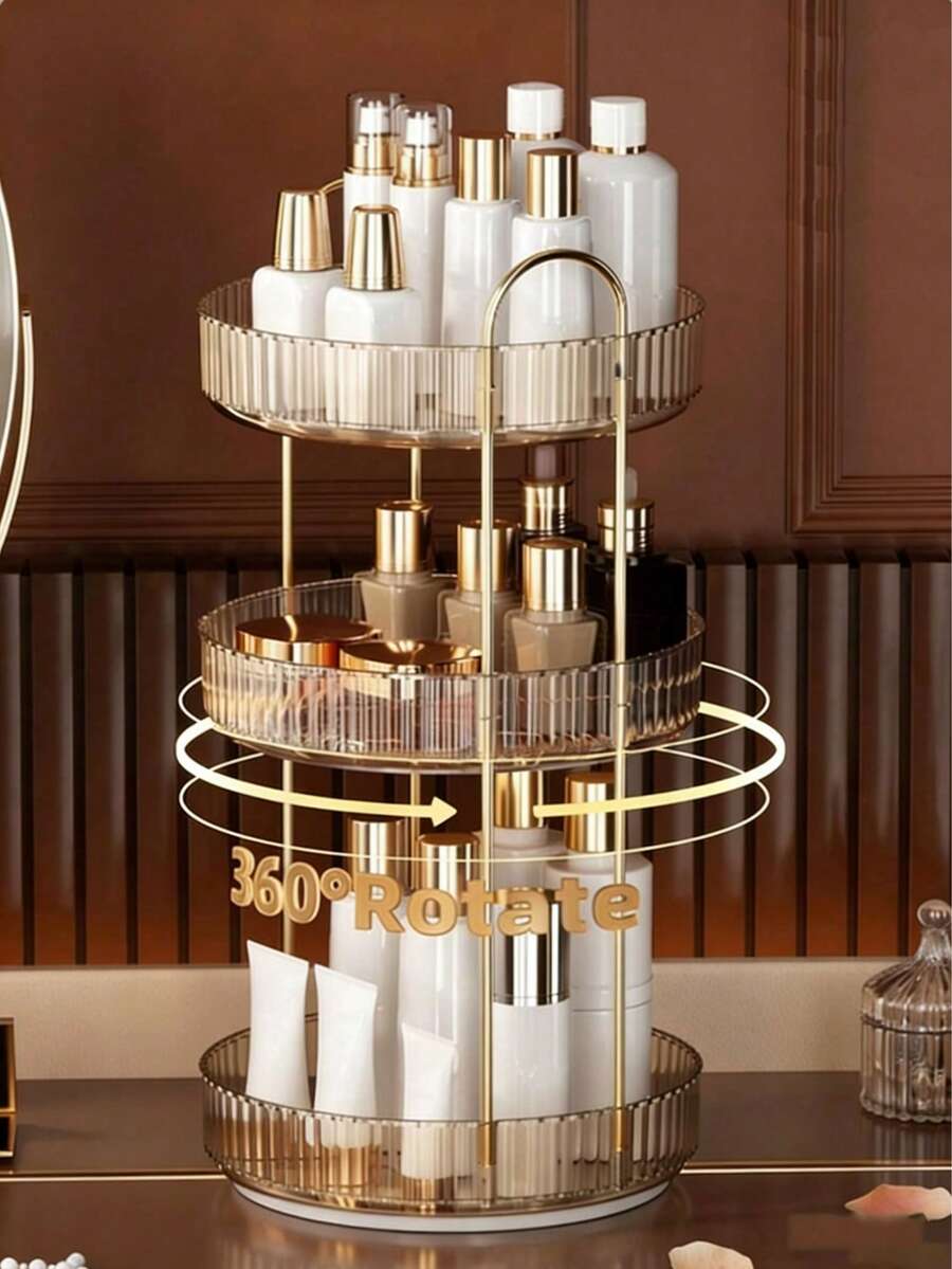 Giá đựng mỹ phẩm xoay 360°, giá đựng đồ chăm sóc da xoay 360°, giá đựng đồ dùng phòng tắm, giá đựng mỹ phẩm nhiều tầng có thể điều chỉnh, thích hợp cho bàn trang điểm và phòng tắm, màu vàng.