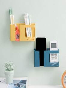 1pc Large Plastic Wall-Mounted Phone Holder/Storage Box/Remote Control Organizer With Bottom Shelf And Charging Port, Suitable As Valentine's Day Or Mother's Day Gift - White - View 4