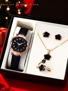 Bộ trang sức 7 món gồm đồng hồ kỹ thuật số thạch anh đen bầu trời sao và 6 món dây chuyền hoa may mắn, vòng tay, nhẫn, bông tai, thích hợp cho các lễ hội, tiệc tùng, đám cưới và đeo hàng ngày, có thể làm quà tặng Ngày của Mẹ hoặc Lễ Phục Sinh. - màu đen - Xem 5