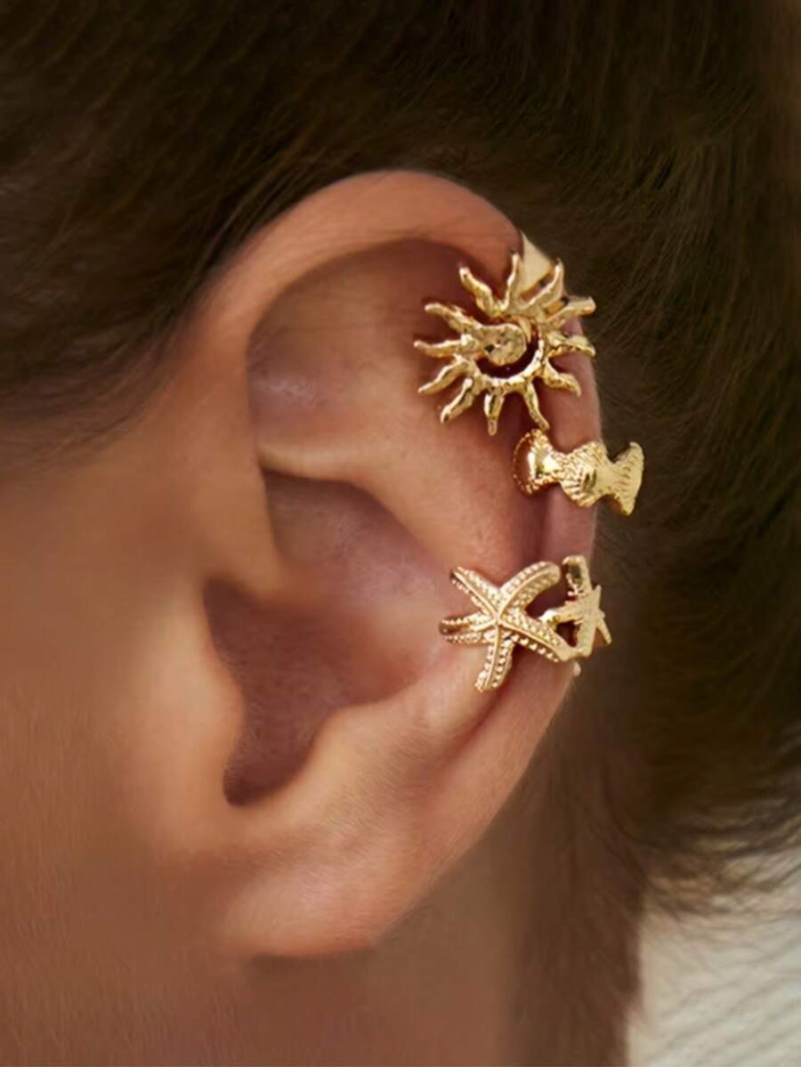 3pcs Set Non-Piercing Gold Cubic Zirconia Ear Cuff Earrings, Earring Gift Set For Women - 3-piece Starfish Sun Ear Clips - View 1