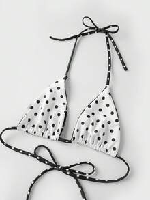 Women's 2 Piece Bikini Set Reversible Dot Print Halter Bra And Low Rise Briefs Bathing Suit For Beach Pool - Black and White - View 2