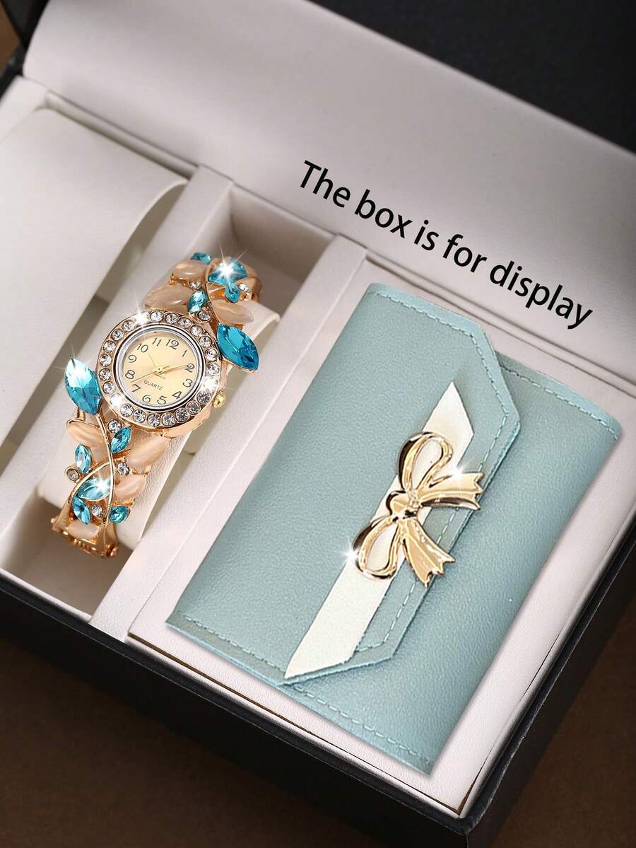 两件套优雅浪漫奢华合成蓝水晶女士手表+钱包套装，送给女友、母亲节、感恩节、开学季、圣诞节的完美礼物 - 彩色 - 查看 1