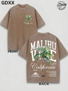 Plus-Size Men's Palm Tree Graphic T-Shirts, West Coast Resort Style Graphic T-Shirts, Washed Vintage T-Shirts, Oversized Men's T-Shirts, 230g 100% Cotton, Unisex Tops. - 咖啡棕 - 查看 4