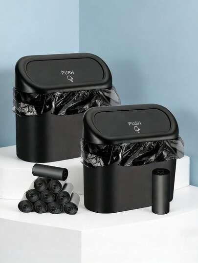 1pc Mini Car Trash Can With Lid, Waterproof Leak-Proof, Includes 15pcs Random Color Garbage Bags, Convenient Hygienic Car Accessory, Door-Mounted Storage Box, Car Storage Container, Car Side Door Hanging Storage Box, Mini Creative Car Trash Can, Hanging Car Trash Can, Can Be Hung On Car Door For Storage And Organization