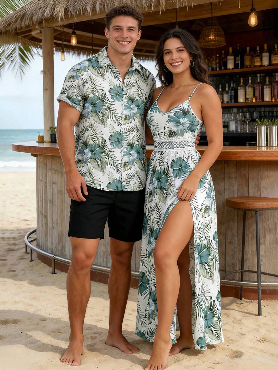 Vacation Couple Outfit Hibiscus Floral Leaf Pattern Geometric Lace Panel Hollow Out Long Dress And Button Up Shirt Casual Matching Outfit - 薄荷綠 - 查看 1