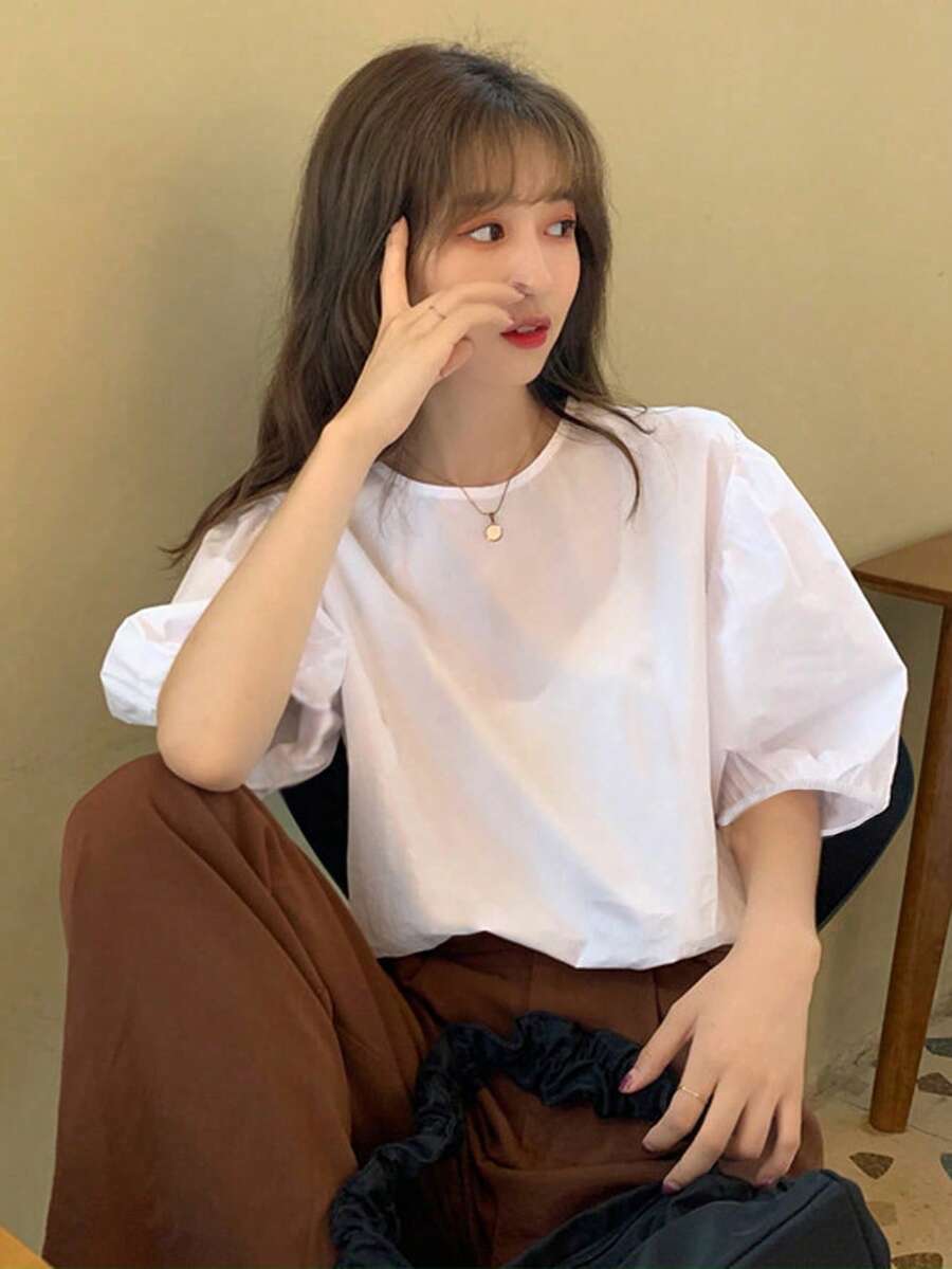 女士纯色简约休闲衬衫上衣 白色 夏季 - 白色 - 查看 1