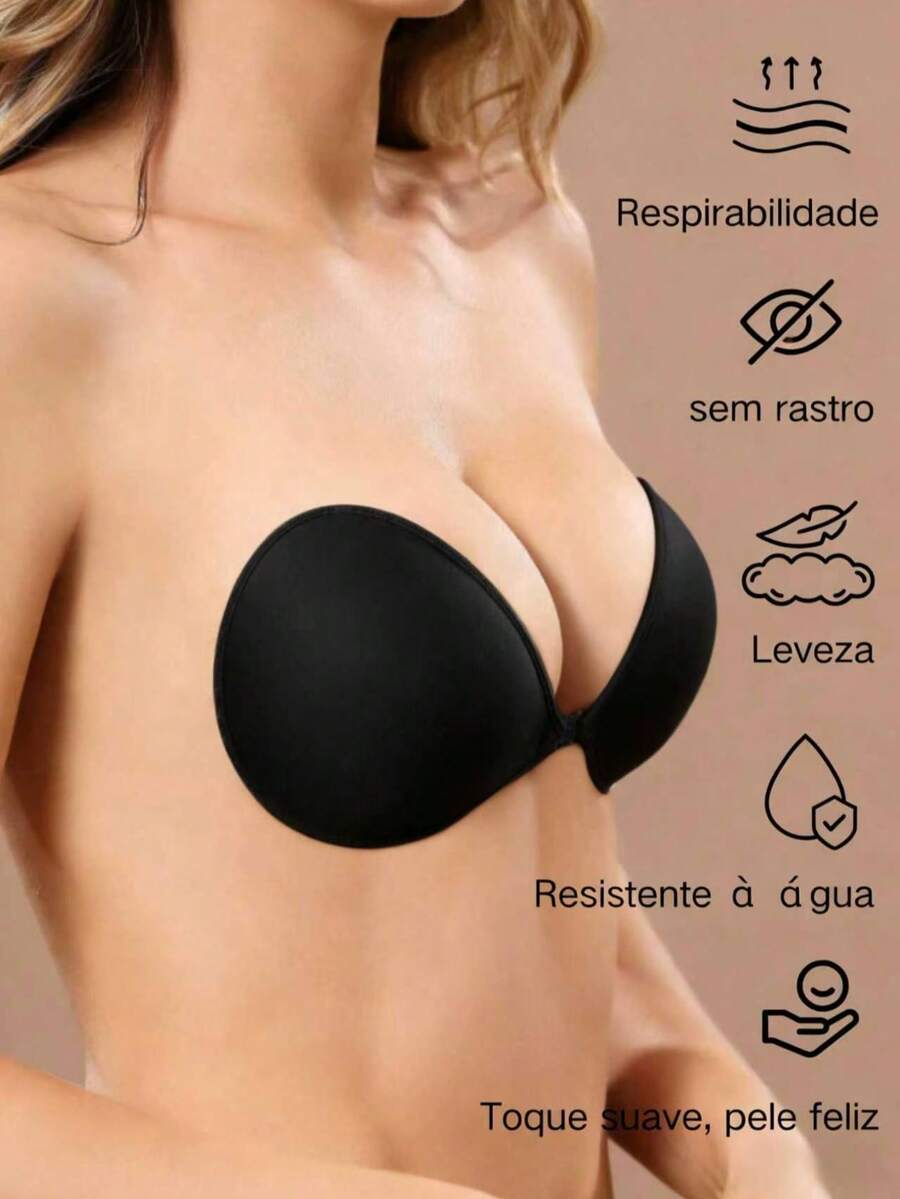 Silicone Adhesive Bra, Nipple Protectors With Push-Up Effect, Available In Apricot And Black – Ideal For Formal Dresses, Dates, Weddings, Travel, Holidays, Festivals, Brides, Spring, Strapless Lingerie, Invisible Backless Bra, Lingerie Accessories - 黑色 - 查看 1