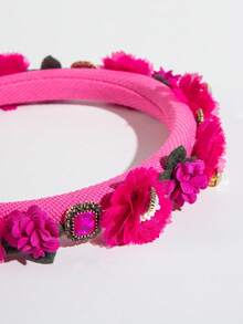 1 pieza Diadema de flores de estilo coreano con esquema de color elegante de primavera, tocado elegante de gasa con piedras preciosas tipo flor de camelia, adecuado como accesorio de verano para mujer, accesorio de viaje, diadema - Rosa Fucsia - Ver 3
